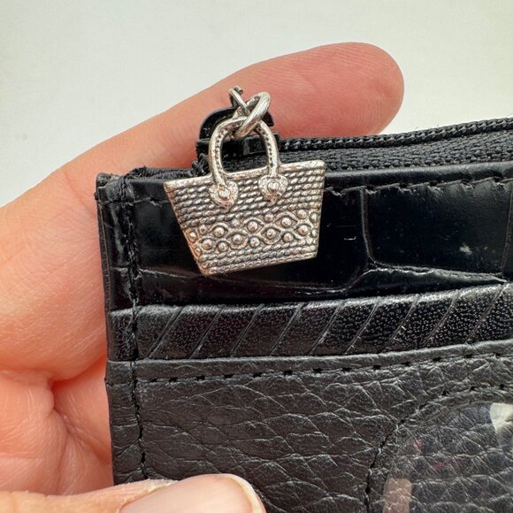 BRIGHTON Small ID Wallet Black Heart woman’s pebble leather floral basket zipper - Picture 3 of 9